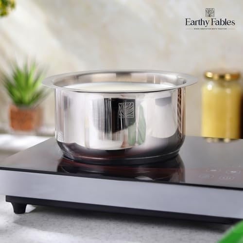 Image of Earthy Fables Stainless Steel Heavy Bottom Tope /Patila /Bhogona /Tapia for Milk, Boiling, Better Nutrition & Heat Distribution, Uses Less Oil & Gas, Stove & Induction Bottom, 20 cm, 3.1L