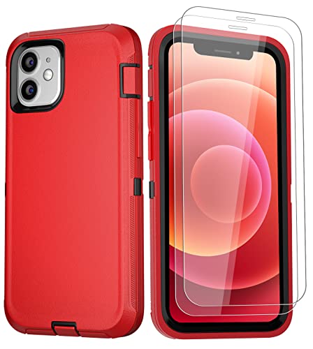 GYJ for iPhone 12 Mini Case with 2 Screen Protector Tempered Glass, Heavy Duty Full Protection Cover Military Grade Shockproof Drop-Proof Phone Case 5.4" (Red+Black)