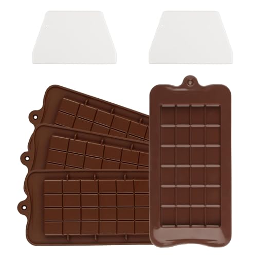 4 Pcs Silicone Chocolate Moulds - 24 Cavities, Candy Molds, Energy Bar Moulds + 2 Scraper