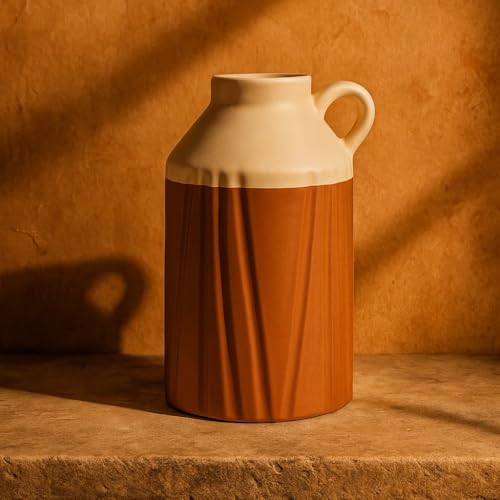 Image of SPHINX Handmade Ceramic Flower Vase - Vintage Dual-Tone Farmhouse Vase - Rustic Ribbed Texture Boho Decor Pampas Grass Vase, Artisanal Home Decor (Vase Only) (Jug Shaped- 8 Inch)