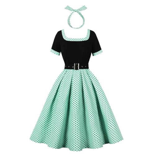 Wellwits Womens Polka Dot Square Neck Vintage Dress Green M