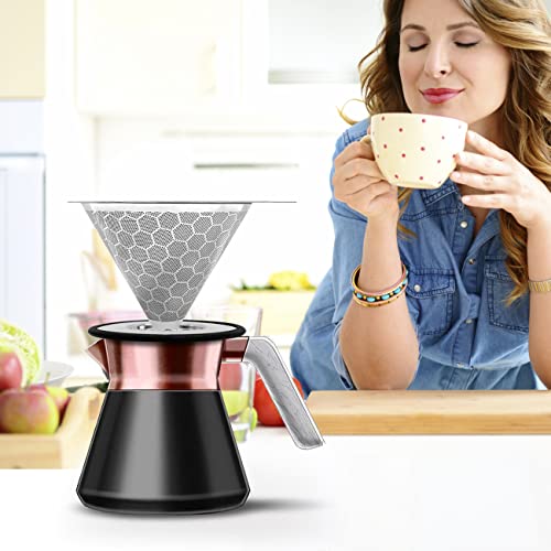 Pour Over Coffee Dripper Reusable Coffee Filter Metal Cone Filter Paperless Coffee Filter Stainless Steel Pour Over Coffee Maker Single Cup Brew Coffee Filter Double Mesh #TOP6