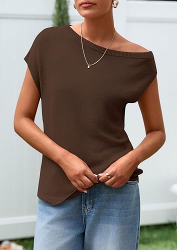 PRETTYGARDEN Womens Off The Shoulder Tops 2026 Summer Casual Short Sleeve Tunic T Shirts Lightweight Knit Sweaters (Coffee,X-Large) — view 4