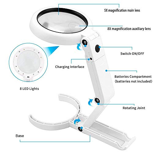5x Lupas de mesa iluminadas com lupa portátil Luzes LED Alça dobrável para idosos e crianças Artesan