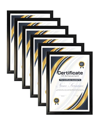 Domkora A4 Certificate Frame Black Set of 6 - A4 Picture Frames Wall or Desk Display Documents Diplomas Prints Wall Mounted Standing Frame Portrait Landscape