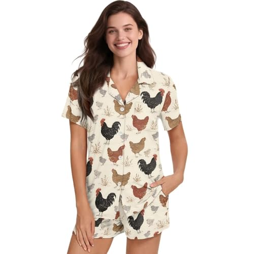 Image of Women's Short Sleeve Sleepwear Button 2 Piece Plus Size Pajamas Casual Soft Stretchy Funny Nightwear with Pockets