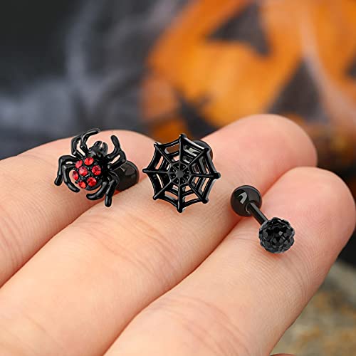 Oufer 3Pcs Helix Earrings Spider Halloween Cartilage Tragus Set Spider Web Conch Piercing Jewelry Black Red Gem Tragus Studs #TOP4