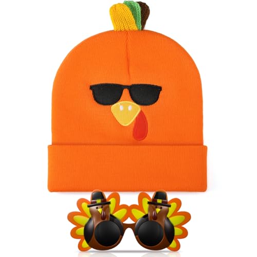 Liitrsh 2 Pcs Thanksgiving Turkey Hat and Glasses Set, Funny Turkey Trot Costume Accessories for Fall Races, Parties and Photo Props(Orange,Cool)