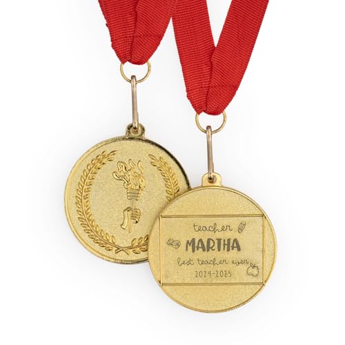Wanapix | Medallas Personalizadas | Medallas Niños y Adulto | Medalla Metal Grabado | Medallas Premios | con Cinta Roja | Oro - 5ø cm | Profe