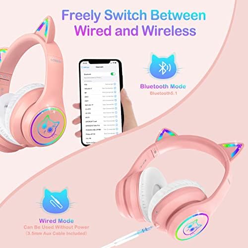 LOBKIN Bluetooth 5.1 Kids Headphones with Case - RGB LED Light Up Cat Ears Foldable Adjustable On-Ear Headset Support Wireless or 3.5mm Wired Mode for Toddler & Girls & Boys Teens - Pink