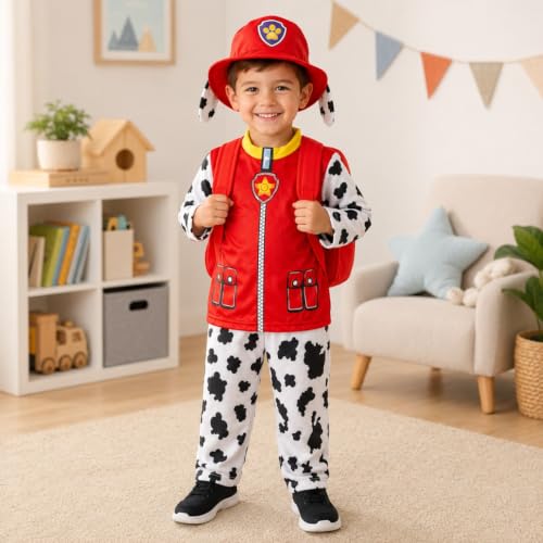 Image of WANNA PARTY Cute Cartoon Paw Chase Marshall Costume with red backpack for Boys for Birthday Outfit,Halloween, Pretend Play Costume Dress for Boys.Size-3 to 5 years