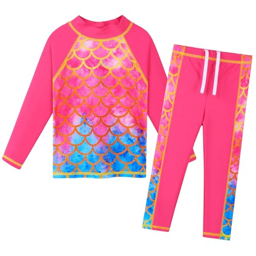 Image of Girls Two Piece Swimsuit Long Sleeve Floral Bathing Suit UPF 50+ Summer Beach Swimwear