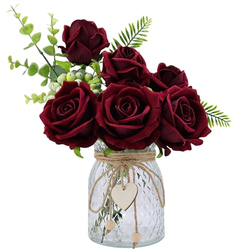 Vkkperp Fake Flowers with Vase, Artificial Velvet Roses Faux Plant