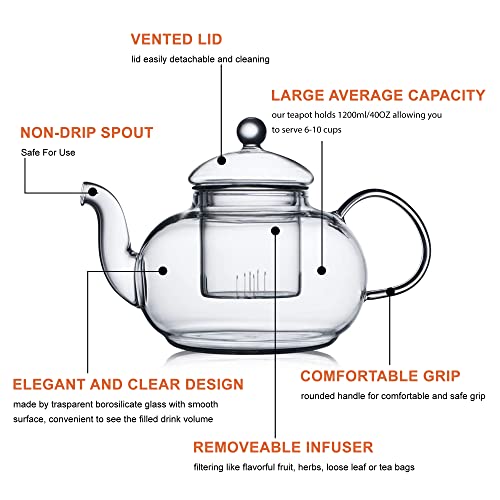 Glass Teapot Set, 40Oz/1200Ml Stovetop Safe Glass Tea Kettle With 4 Double-Wall Tea Cups & Loose Tea Infuser & Tea Warmer, Microwave & Dishwasher Safe Tea Maker, Blooming Tea Gift Set For Women #TOP2