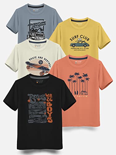 Image of HELLCAT Boys Round Neck Printed Blended Cotton Tshirt -Combo Pack of 2 - Orange /Blue