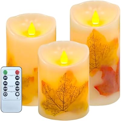 AVEKI LED Candle Lights, 3 Pcs Flickering Flameless Maple Leaf Candle Lights with Remote & Timer Battery Operated LED Electric for Autumn Thanksgiving Fall Decor Harvest Halloween Wedding