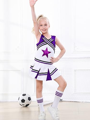 LOLANTA Girls' Cheerleading Costumes with Pompoms and Socks, Kids Halloween Fancy Dress Up, Cheerleader Outfit, Purple, 4-5 Years, 110 - Image 2