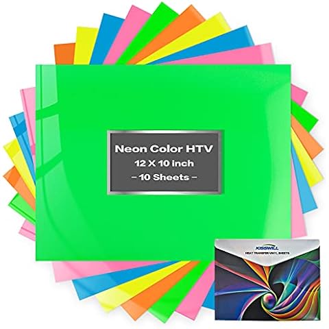 KISSWILL Neon HTV Heat Transfer Vinyl - 5 Colors 10 Pack 12"x10" Neon Color HTV Iron on Vinyl, Easy to Weed HTV Vinyl Compatible with Silhouette Cameo (Neon Green/Yellow/Pink/Blue/Orange) Cover