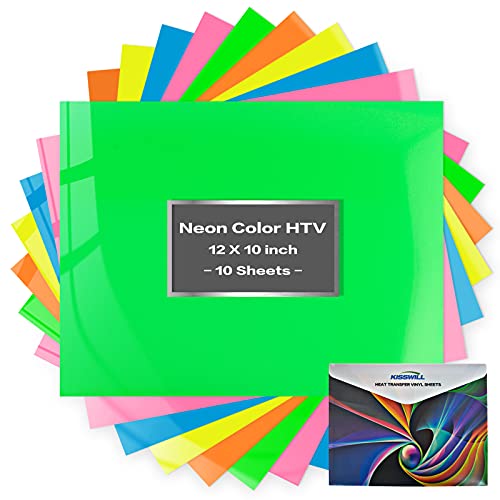 KISSWILL Neon HTV Heat Transfer Vinyl - 5 Colors 10 Pack 12"x10" Neon Color HTV Iron on Vinyl, Easy to Weed HTV Vinyl Compatible with Silhouette Cameo
