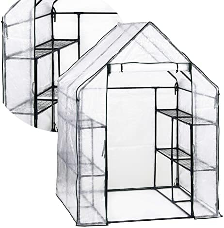 Greenixy Large Greenhouse with 6 Shelves, Waterproof PE Mesh Cover, Roll up Zipper Door and Sturdy Steel Frame for Garden and Outdoor 193x143x143(Large)