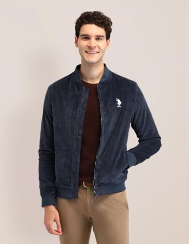 Image of U.S. Polo Assn. Men's Blue Textured Mock Collar Long Sleeve Casual Polyester Regular Fit Jacket