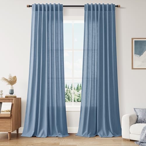 Image of Stone Blue Linen Curtains 120 Inch Extra Long for Living Room Back Tab Light Filtering Semi Sheer Drapes Modern Farmhouse Boho Textured Curtain for Floor to Ceiling High Window 52x120,2 Panels
