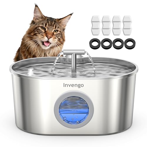 Fuente para Gatos Acero Inoxidable Invengo: Dispensador Automático de 2,2 L para Gatos y Perros, Fuente Silenciosa para Felinos con Filtro de 5 Capas, Salidas de Agua Dobles- 4 Filtros + 4 Esponjas