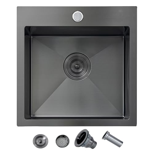Image of 18x18 Inch Black Bar Sink Drop In, Gunmetal Black 16 Gauge Stainless Steel Small Prep Sink, Topmount Single Bowl 9 Deep RV Utility Kitchen Sinks with Drain
