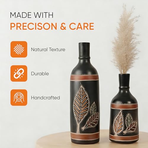 Image of Aakriti Art Creations Vase Earthen Black Bottle Madhubani Set of 2 | Floral Art Hand-Painted Terracotta Flower Vases | Matte Finish Decorative Vases for Living Room, Table Decor & Gifting
