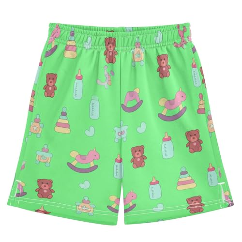Cartoon Bear Athletic Shorts with Zipper Pockets, Youth Boys Athletic Running Shorts for Summer