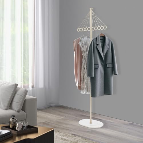 Perchero en forma de paraguas con base de placa de piedra, 170 cm, creativo, decorativo, perchero de metal, 10 ganchos, 15 kg, diseño moderno, de pie, inoxidable, para entrada (dorado, blanco) - imagen 3