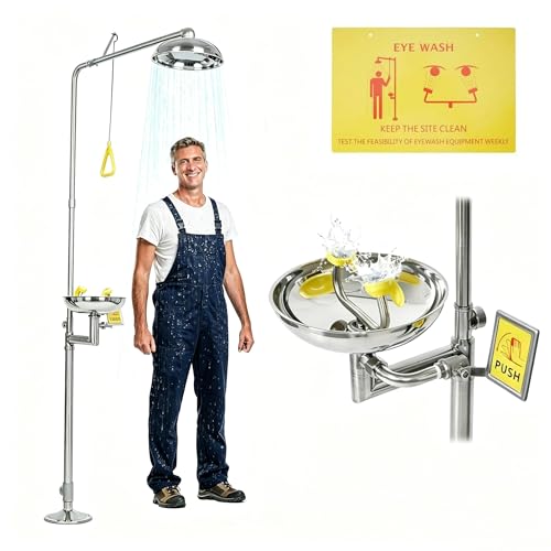 lukar Emergency Shower Eye Wash Station, 304 Stainless Steel Eye Wash Shower Station, 90”Combination Eyewash Shower Station for Industrial Commercial Lab, with Emergency Sign & NPT Threads