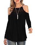 Women's Cold Shoulder Long Sleeve Flowy Lace Tunic Top Loose Blouse Shirts(Black,S)