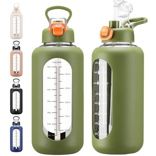 chunmo 64 oz Glass Water Bolttles with Straw Half Gallon Large Motivational Water Bottle with Time Marker Sports Water Bottles with Silicone Sleeve and Handle Lid Water Jug for Gym Workout