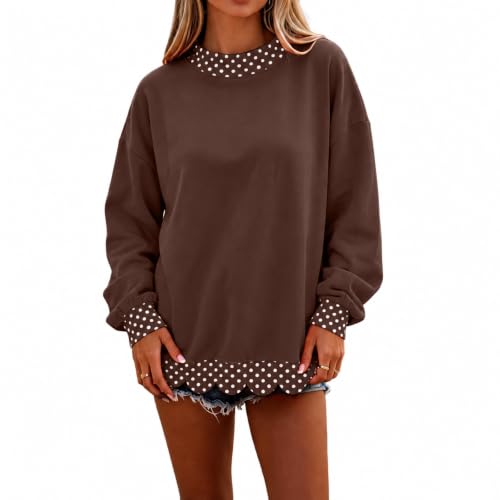 Womens Mock Neck Sweatshirt Patchwork Scalloped Edge Polka Dot Pullover