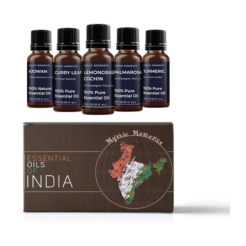 Mystic Moments | Essential Oils of India Gift Starter Pack | 5 x 10ml Pure Aromatherapy Oils - Patchouli Pogostemon cablin, Sandalwood Cover