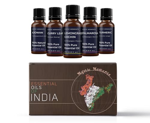 Mystic Moments | Essential Oils of India Gift Starter Pack | 5 x 10ml Pure Aromatherapy Oils – Patchouli Pogostemon cablin, Sandalwood, Ginger, Black Pepper & Jasmine | Warm Exotic Home Ambience