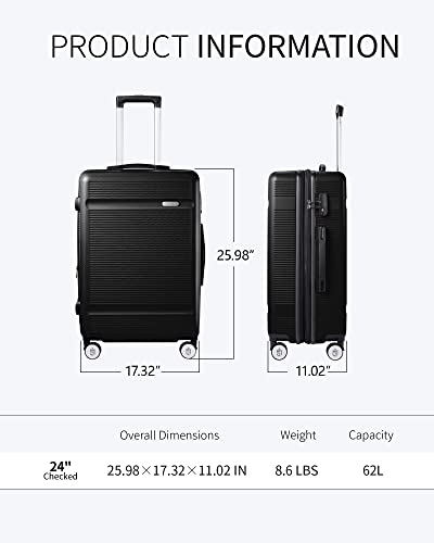 Zitahli Luggage, Expandable Suitcase Checked Luggage, Hardside Luggage With Tsa Lock Spinner Wheels Ykk Zippers, 24In (Black) #TOP7