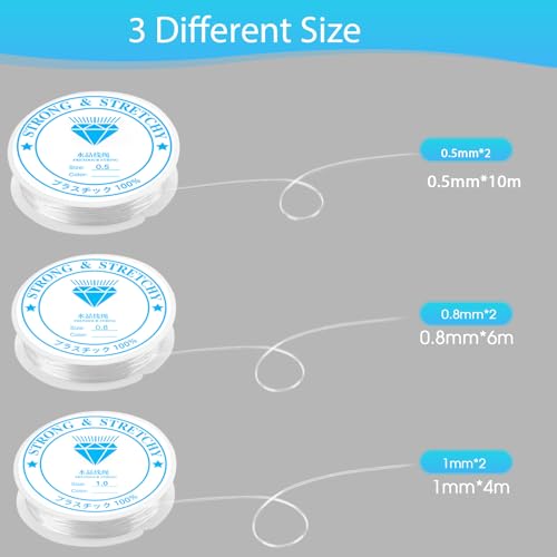 Clear Elastic for Bracelet Making,0.5mmX2, 0.8mmX2,1.0mmX2 Strong Bracelet String,6 Rolls Stretchy Bracelet Elastic for Hanging Decorations,DIY Making.
