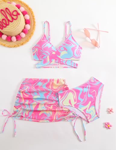 Image of KORADI Girls Swimsuit 3 Pieces V-Neck Bikini Set Printed Cross Front Bathing Suit Drawstring Cover Up Skirt 8-12 Years
