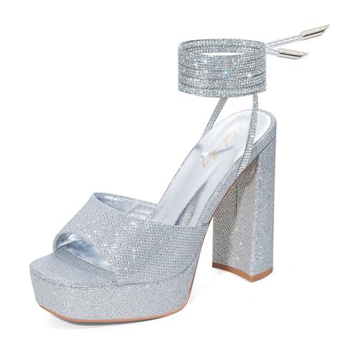 Elisabet Tang Women Strappy Heeled Sandals,4.7-Inch Lace Up Chunky Platform High Heels with Open Square Toes for Block Dressy Fashion Shoes at Prom