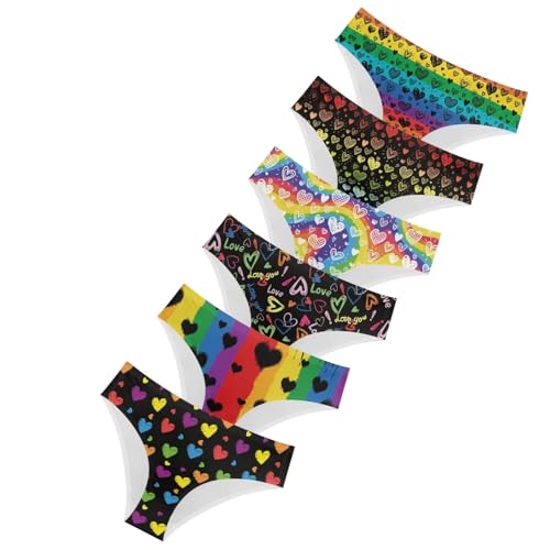 HUGS IDEA 6Pcs Mid Cut Seamless Underwear Fashion Rainbow Hearts Pride Panties Soft Breath Stretch Lingerie S