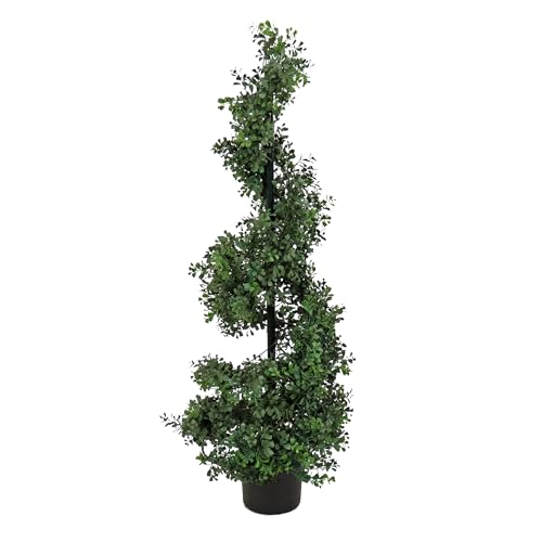 National Tree Company 4 ft Artificial Boxwood Spiral Topiary Tree, Realistic Fake Tree Potted Plant, Black Nursery Pot