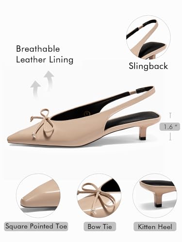 Image of Coutgo Womens Slingback Kitten Low Heels Dress Shoes Closed Pointed Toe Bow Tie Slip on Office Work Pumps