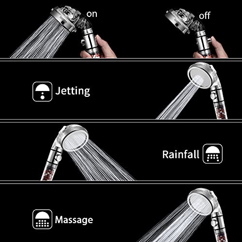 Iknhong Filtered Shower Head With On Off Water Switch And 3 Modes Filtration Shower Spray, Water Saving Handheld High Pressure Showerhead With Mineral Stone Beads Filter, Hose And Bracket #TOP1