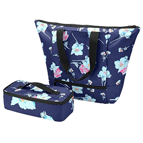 Sac de voyage repas bleu roi avec sa grande boîte à déjeuner florale