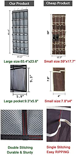 Over The Door Hanging Shoe Organizer 24 Extra Large Mesh Pockets Hanging Shoe Rack Holders For Closet Storage Men Sneakers,High Heeled Shoes,Double Stitching With 4 Metal Hooks,Gray 65.4"X23.6" #TOP2