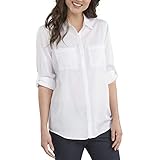 Zwei Brusttaschen vorne Dickies Damen Long Sleeve Lyocell Button Up Shirt Work Utility Hemd, Weiß abgespült, Einheitsgröße