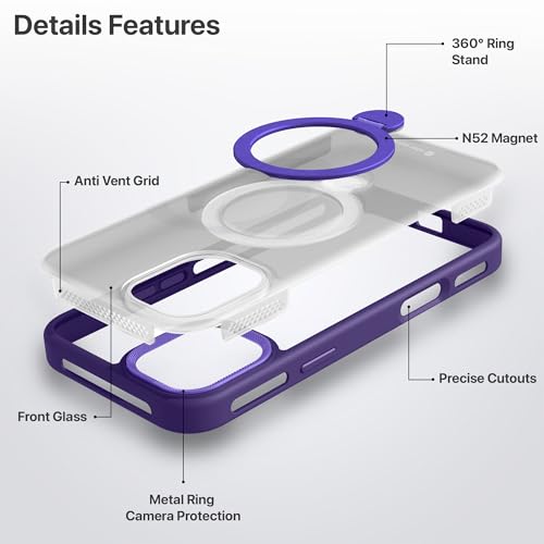 Image of eller sante Maximus Back Cover Case for iPhone 16 Plus with Magnetic Alloy Ring Metal Kickstand Camera Protector TPU Shockproof 10ft Drop Protection Compatible with Mag-Safe- Purple