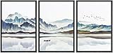 NWT Framed Wall Art Print Set Watercolor Mountain Landscape with Boat Nature Wilderness...